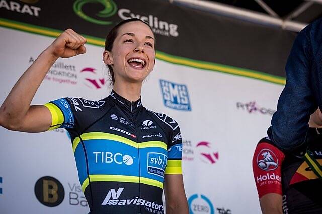 JOY: Shannon Malseed stands atop the podium and celebrates her elite women's road race victory at the 2018 national championships in Ballarat. Picture: Kirsty Baxter