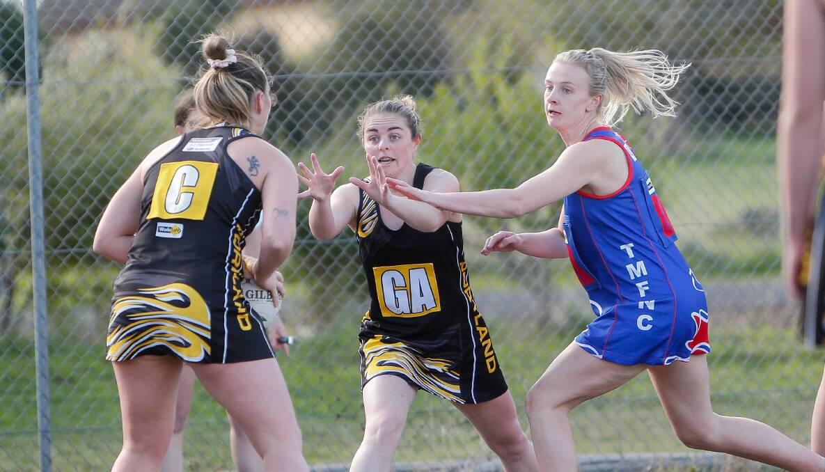 STRONG: Portland's Hannah Bunney calls for the netball. She scored 29 of her side's 55 goals. Picture: Anthony Brady