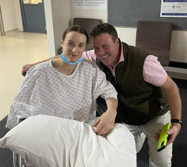 RECOVERING: Warrnambool jockey Laura Laffery with trainer Richard Laming at Swan Hill hospital. Picture: Laura Lafferty/Twitter