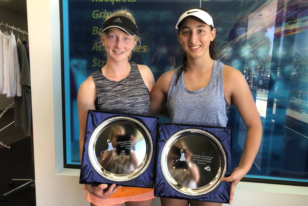 WINNING PAIR: Eloise Swarbrick poses with Melbourne-based doubles partner Kiana Mokhatari after securing victory in a Bendigo silver AMT tournament.
