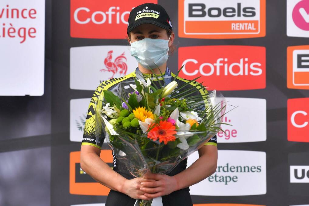 PROUD MOMENT: Grace Brown stands on the podium after claiming second at Liège-Bastogne-Liège. Picture: Getty Images