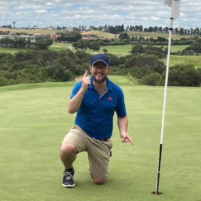 NAILED IT: Chris Crossland celebrates his hole-in-one on the 13th at Warrnambool Golf Club on Saturday. Picture: Simon Hermans