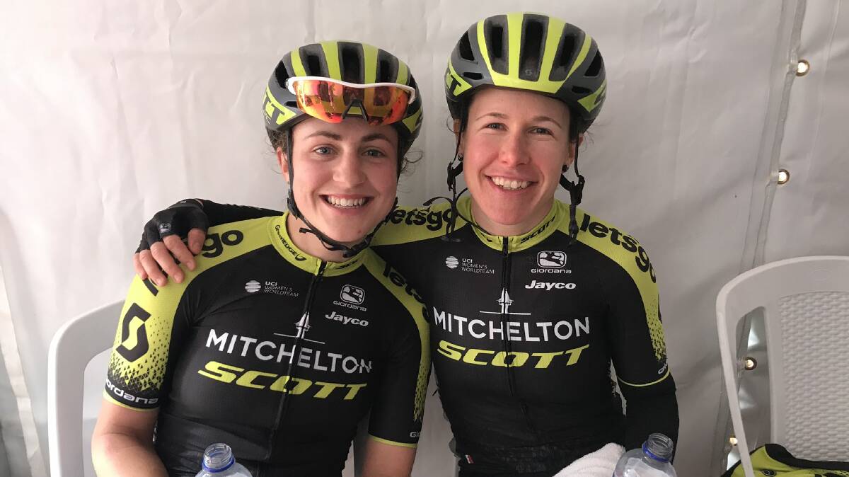 TEAMWORK: Grace Brown (third) and Amanda Spratt (winner) after the elite women's road race at the National Championships. Picture: Mitchelton-Scott/Twitter