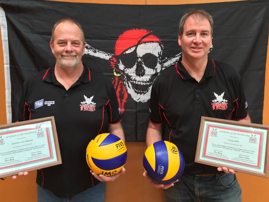Long Time Pirates: Andrew van Baaren (left) and Craig Gibbs (right) have been honoured for their long service to Warrnambool Volleyball Asscoiation. Picture: Sean Hardeman
