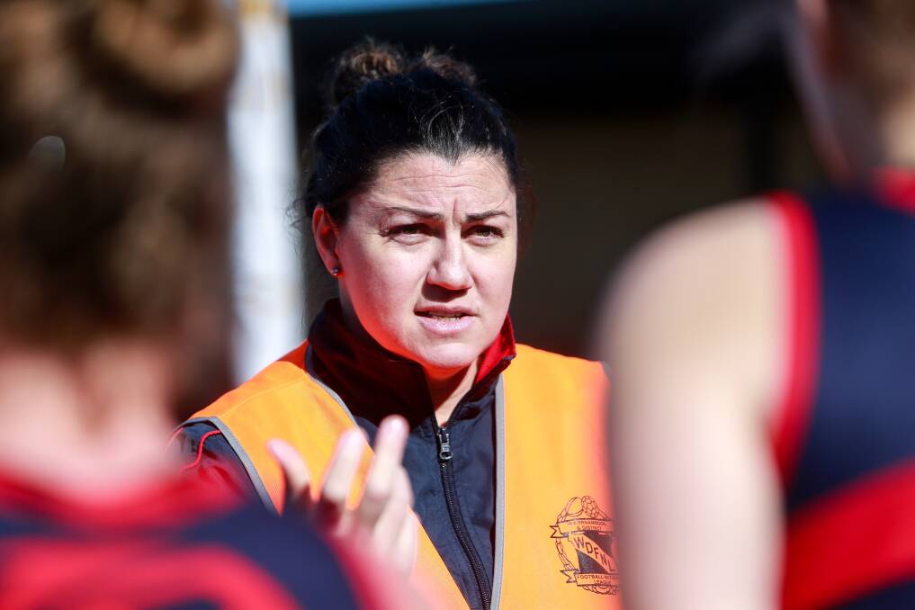 THE RETURN: Leah Sinnott addresses her troops. She will coach Camperdown in 2022. Picture: Anthony Brady