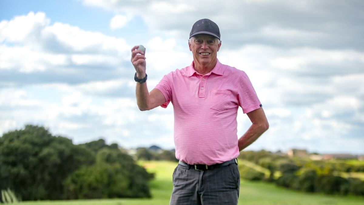 HAPPY DAYS: Neville Gorman celebrates his hole-in-one at Warrnambool Golf Club on Thursday. He scored the ace on the 13th. Picture: Chris Doheny
