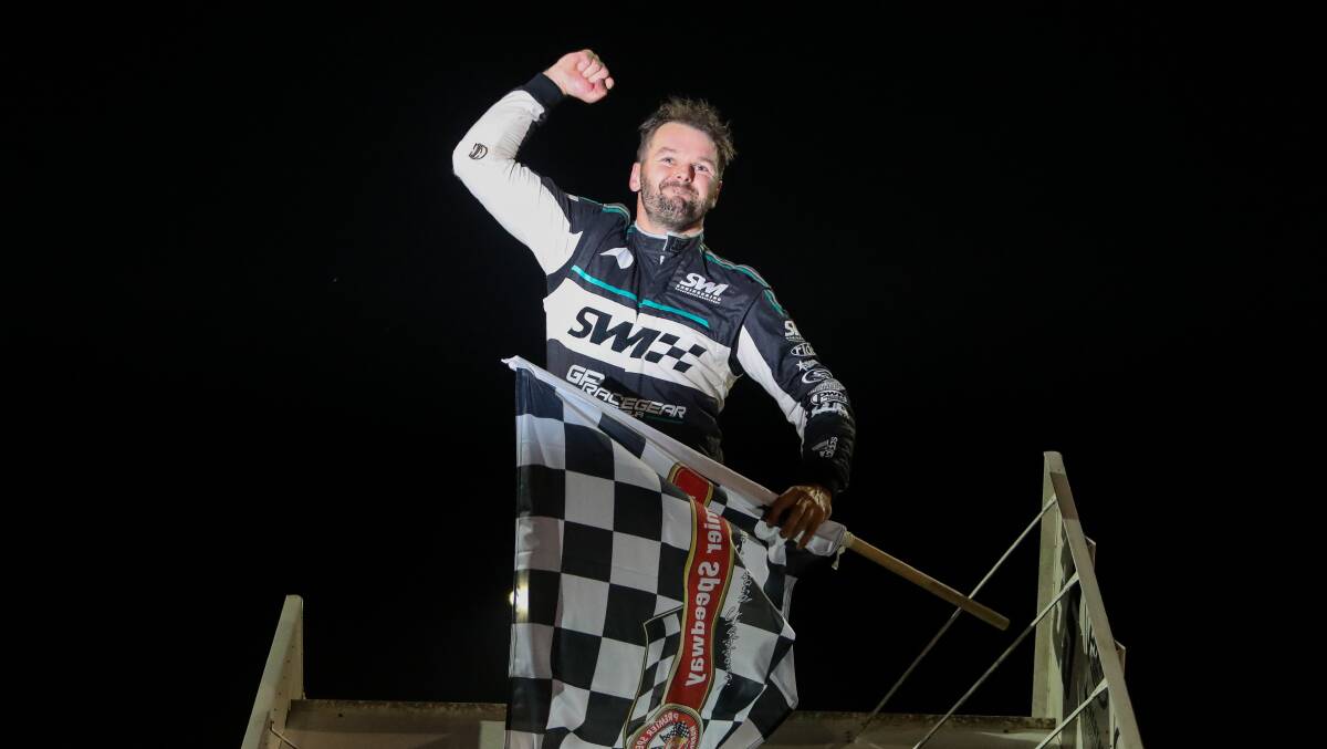 WINNER: Jamie Veal celebrates collecting a clean sweep of the Easter Sprintcar Trail at Warrnambool on Sunday night. Picture: Morgan Hancock