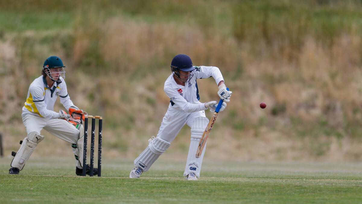 STRONG DEFENCE: Isaac Wareham blocks during his innings of 64 against Camperdown. Picture: Anthony Brady