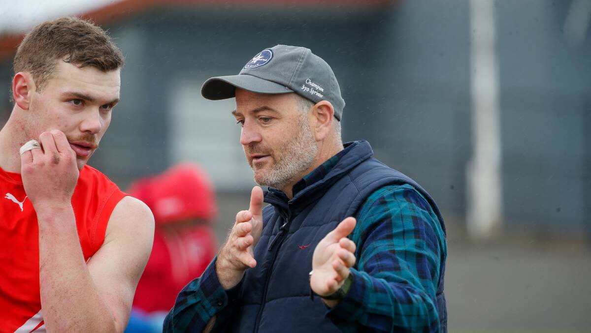 FINAL INSTRUCTIONS: South Warrnambool coach Mat Battistello speaks to one of his players. Picture: Anthony Brady
