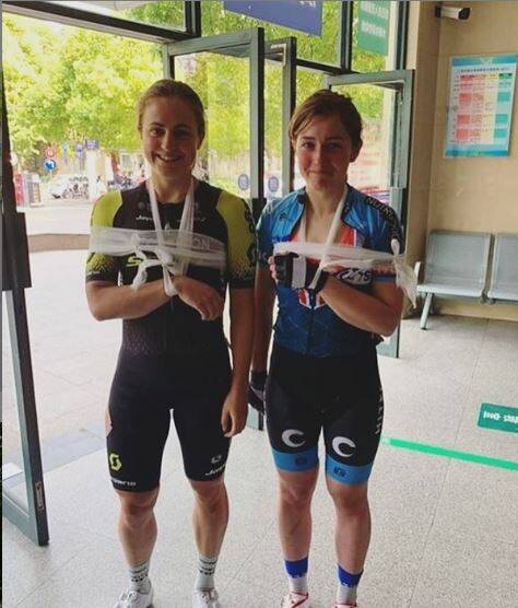 OUCH: Grace Brown and Team Hitec Products-Birk Sport rider Grace Garner show off their matching slings after crashing. Picture: Grace Brown/Instagram