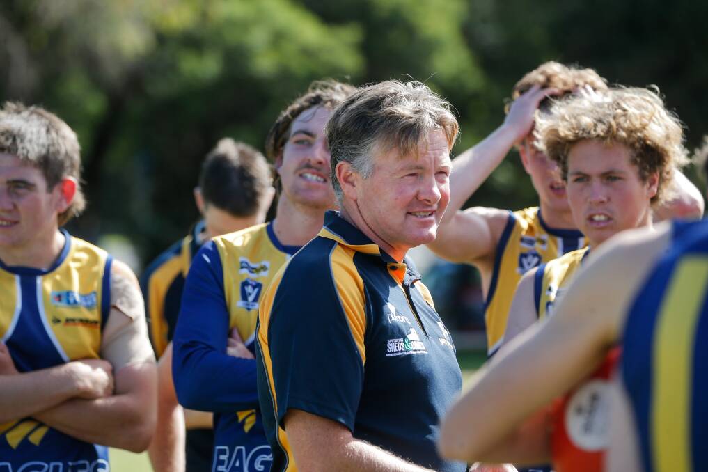 LAST MESSAGE: North Warrnambool Eagles coach Adam Dowie speaks to his troops at a break in their game against Lake Wendouree at Bushfield. Picture: Anthony Brady