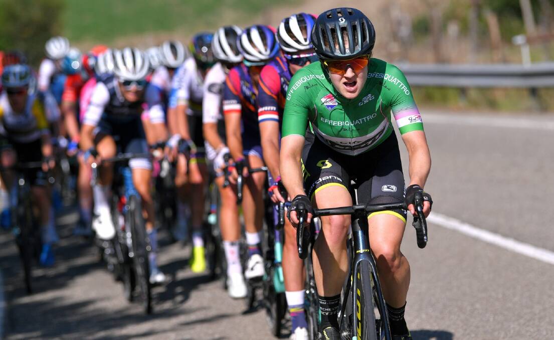 SETTING THE PACE: Grace Brown, sporting the green jersey, leads the peloton during stage two. Picture: MITCHELTON-Scott/Getty Images