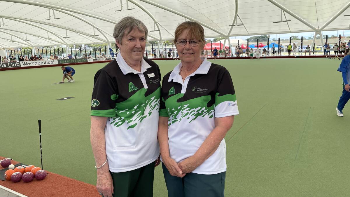 TEAMING UP: City Memorial's Pauline Burleigh and Moira Cooknell before their women's over 60 pairs match at the Bowls Victoria State Champions Week. Picture: Sean Hardeman