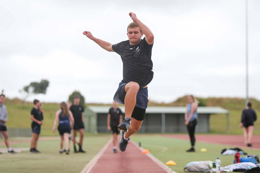 CONFIDENT: Jesse Suter practicing his long jump. He will compete at the Little Athletics Victoria Combine Events Championship on Saturday. Picture: Morgan Hancock