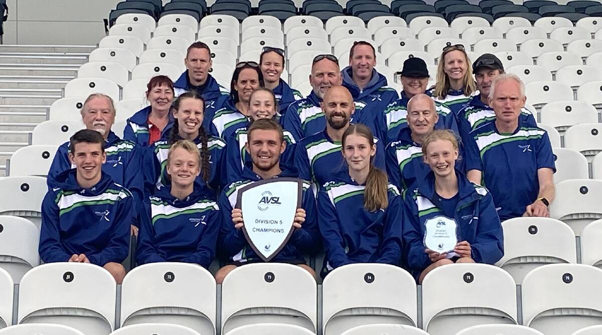 BACK-TO-BACK?: Athletics South West Turbines members with the 2020-21 AVSL division five shield in March. 