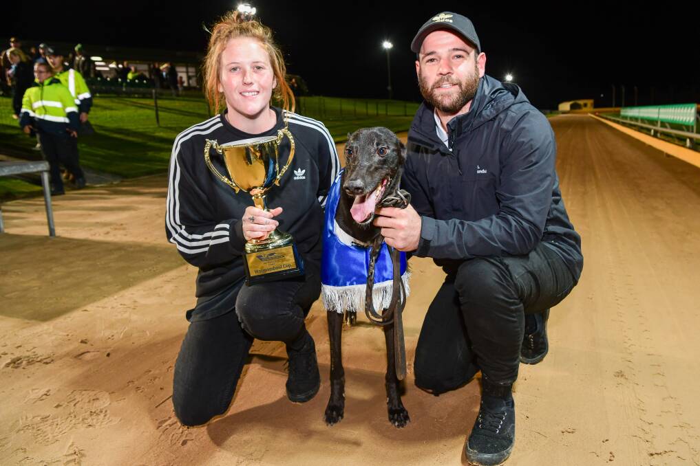 TOP WIN: Connections of Qwara Bale celebrate with the two-year-old after she won the Warrnambool Cup. Picture: Clint Anderson
