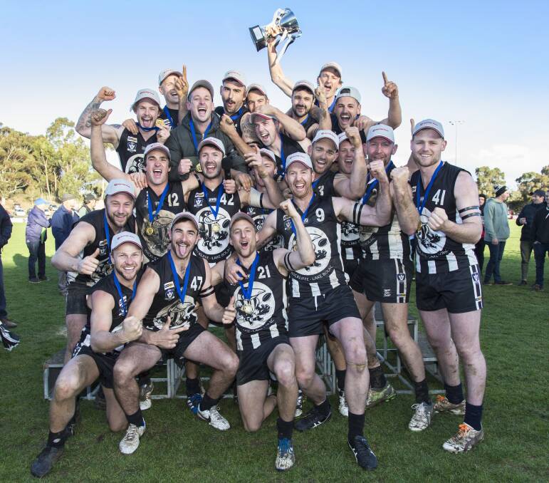 FLYING HIGH: Wickliffe-Lake Bolac celebrates its first premiership victory since 2013. Picture: Peter Pickering