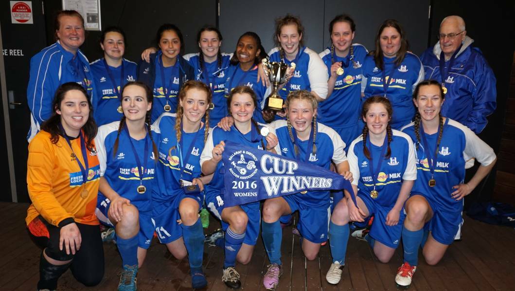 WINNERS: The 2016 Warrnambool Rangers Ballarat and District Soccer Association premiership team.