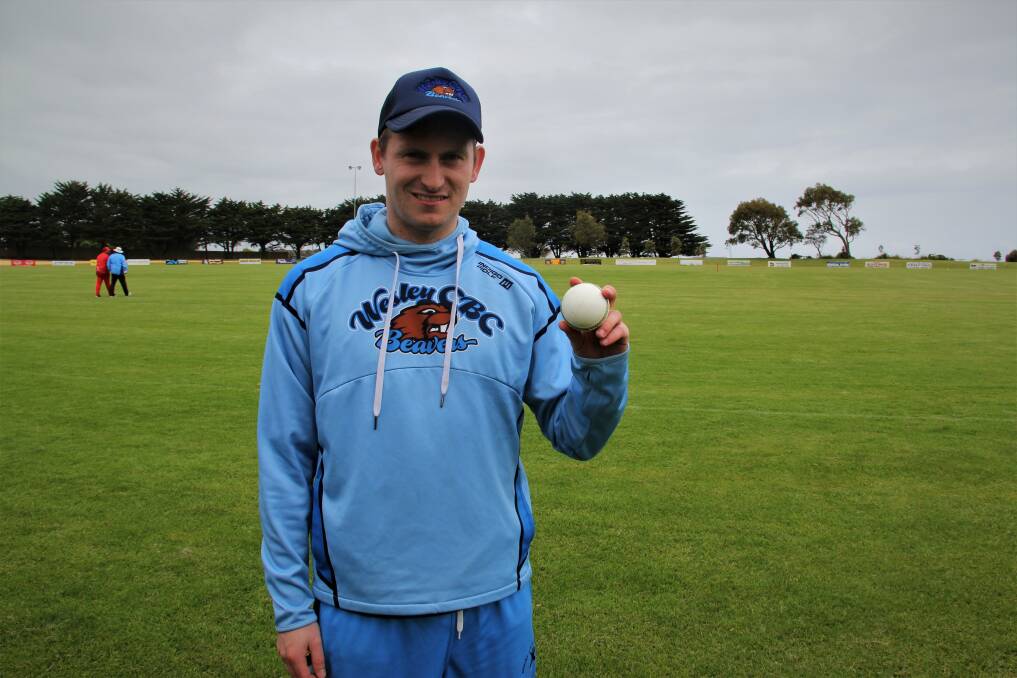 TOP DAY: Wesley-CBC's Ben Evans shows off the ball he took four wickets with against Dennington on Saturday. Picture: Sean Hardeman