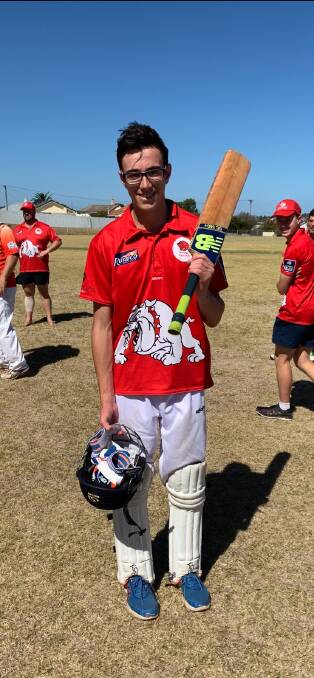 TON OF FUN: Harry Noonan lets out a smile after finishing his innings of 108 in Dennington's 104-run victory over Nirranda in division three.