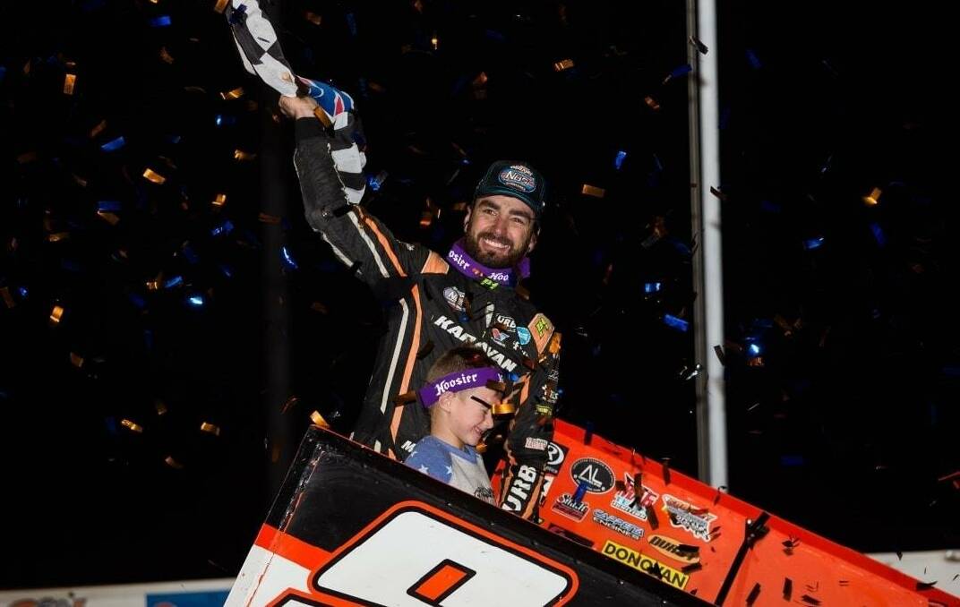 CAREER HIGHLIGHT: James McFadden waves the checkered flag after winning the Jason Johnson Classic in October. Jason was close friends with the McFadden family. Picture: James McFadden/Facebook