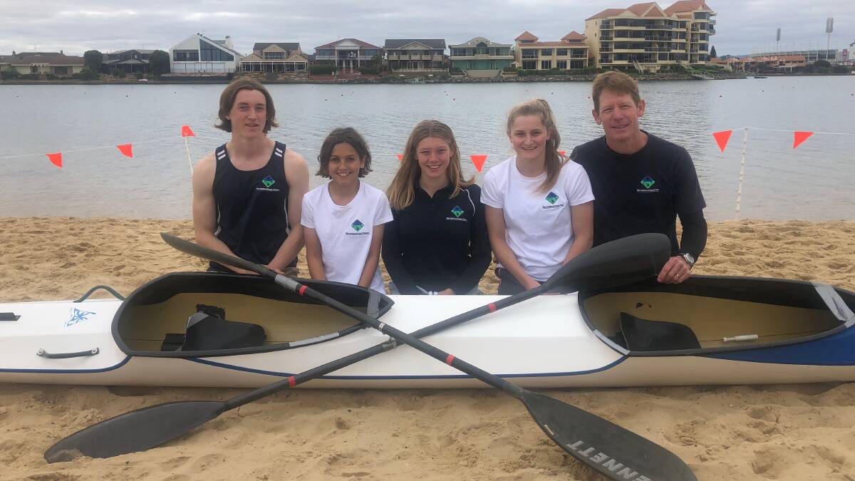 PADDLE POWER: Warrnambool Kayak Club's national representatives Isaac Johnson, Jace Nepean, Ellie, Alana and Ben Johnson pose for a photo after a successful weekend at West Lakes in Adelaide. 