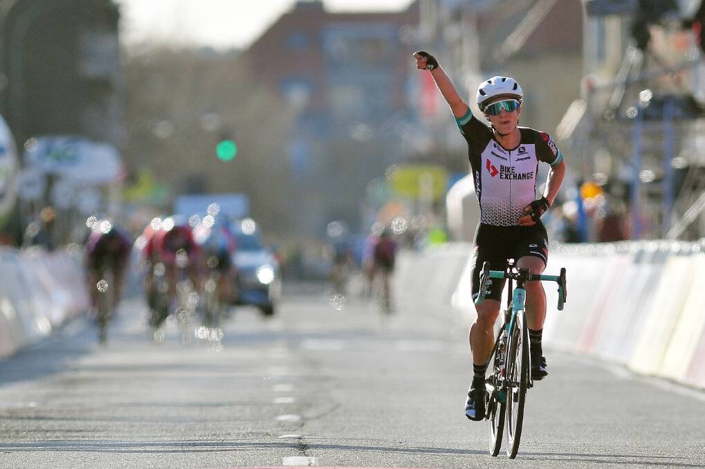TAKING THE WIN: Grace Brown crosses the line to claim her maiden WorldTour victory at the Oxyclean Classic Brugge-De Panne in Belgium. Picture: Getty Images