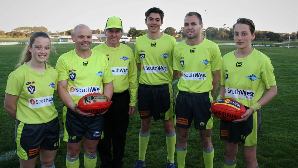 TEAM PHOTO: Alana Bellman, Jamie Lake, Pat Nolan, Archi Perriss, Nick Ross-Watson and Will Perriss are the Warrnambool and District Football Umpires selected for the Hampden league decider. Picture: Sean Hardeman