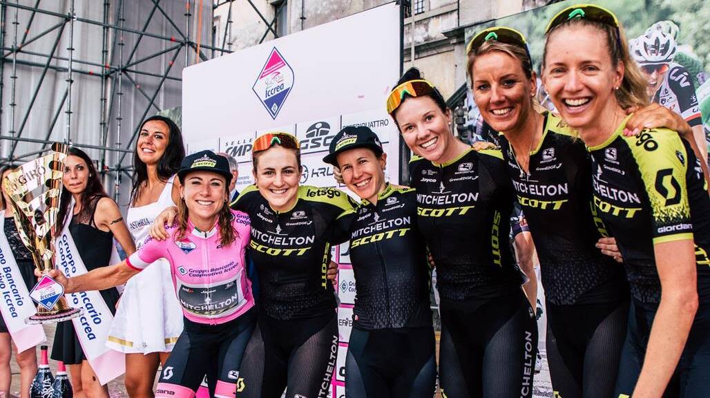 TEAM GOALS: Grace Brown (second from left) will help Mitchelton-SCOTT in its quest for a third straight pink jersey. Picture: Sara Cavallini