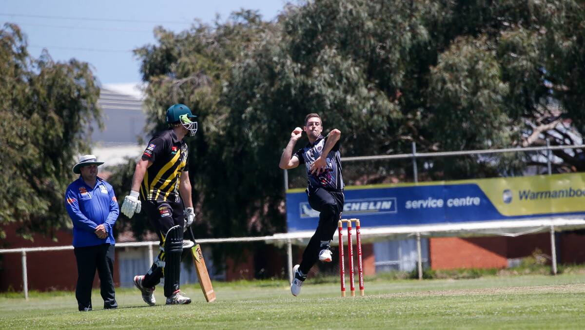 STEAMING IN: West Warrnambool's Ben Rantall bowls in the win over Merrivale. Picture: Anthony Brady