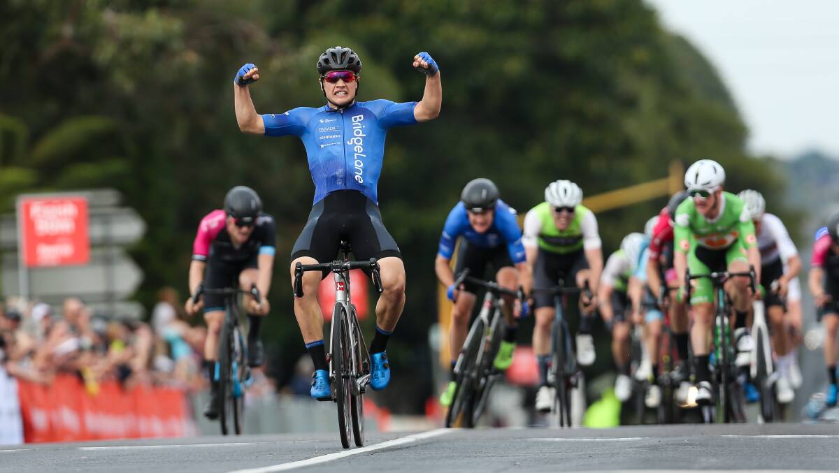 FLEXING: Jensen Plowright celebrates winning the Melbourne to Warrnambool. AusCycling/Con Chronis
