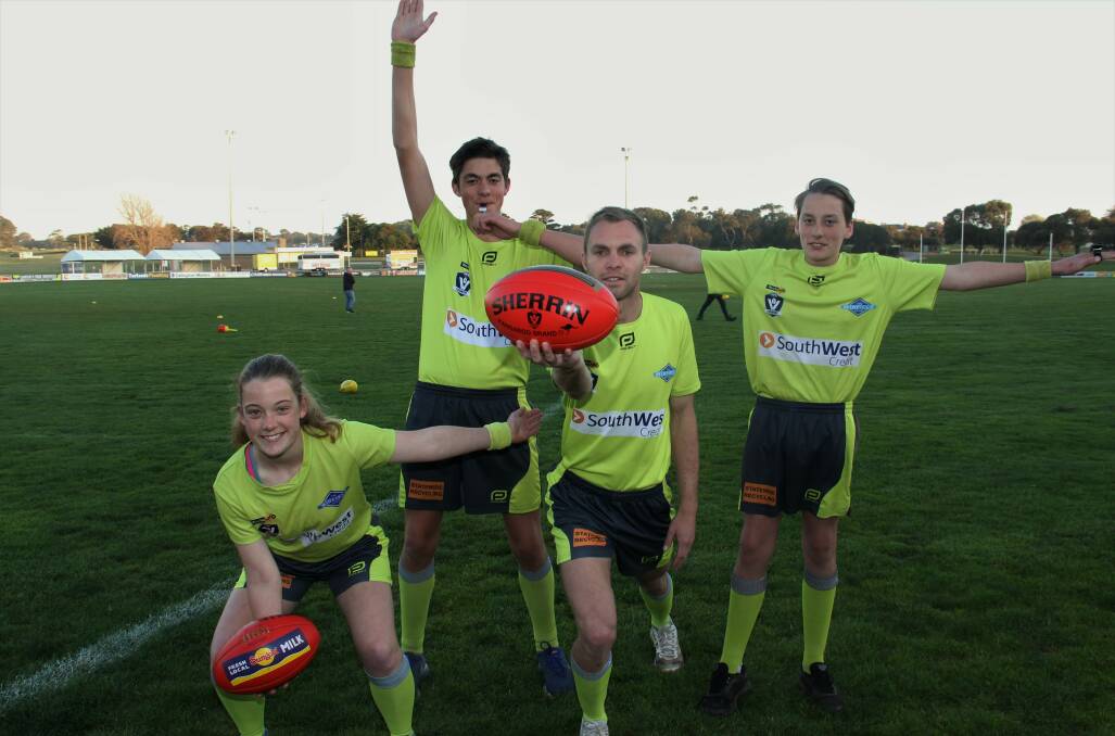 READY TO GO: Alana Bellman, Archi Perriss, Nick Ross-Watson and Will Perriss will all officiate their first Hampden senior football grand final. Picture: Sean Hardeman