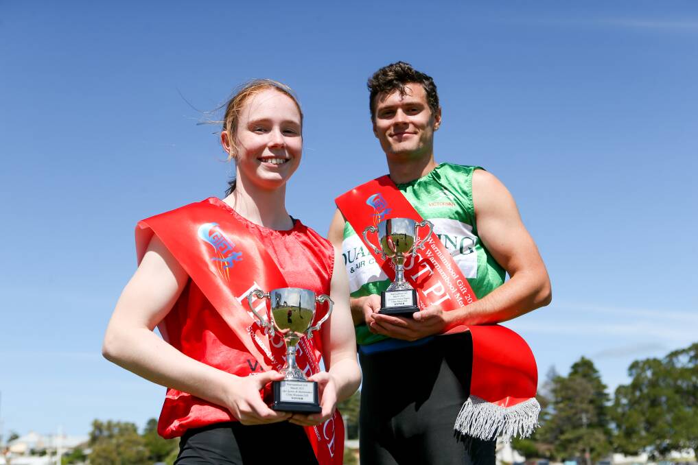 CHAMPIONS: Grace Kelly and South Australian Sebastian Baird won the Warrnambool men's and women's gifts. Picture: Chris Doheny