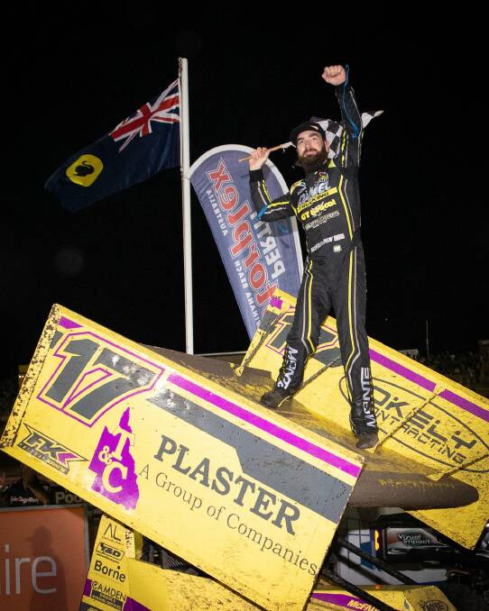 FIST PUMP: James McFadden celebrates his World Series Sprintcar victory after claiming a final round win at the series' grand final on Saturday. Picture: Richard Hathaway Photography