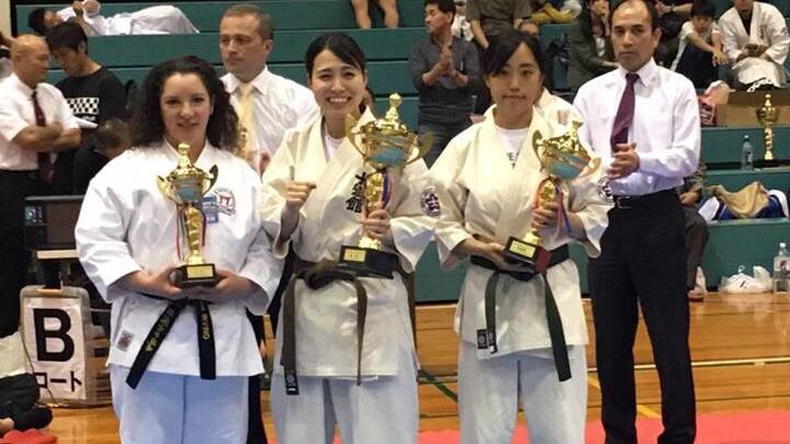 TOP THREE: Warrnambool sensei Sarah Irving poses with fellow placegetters at the recent All Japan Martial Arts Championships/Shidokan Yokohama International Karate Tournament over the Queen's Birthday long weekend.