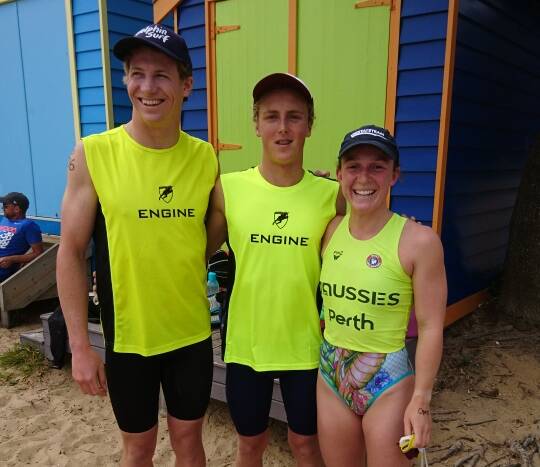 TEAM EFFORT: Warrnambool Surf Lifesaving Club's Matt Hardiman, Balun Cumming and Sophie Thomas all secured medals at the Victorian Endurance Championships in Mornington on the weekend. Picture: Anna Cumming