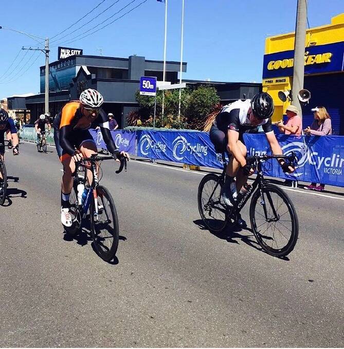 Duncan Murray (right) races another competitor for the C grade podium in a previous version of the Melbourne to Warrnambool.