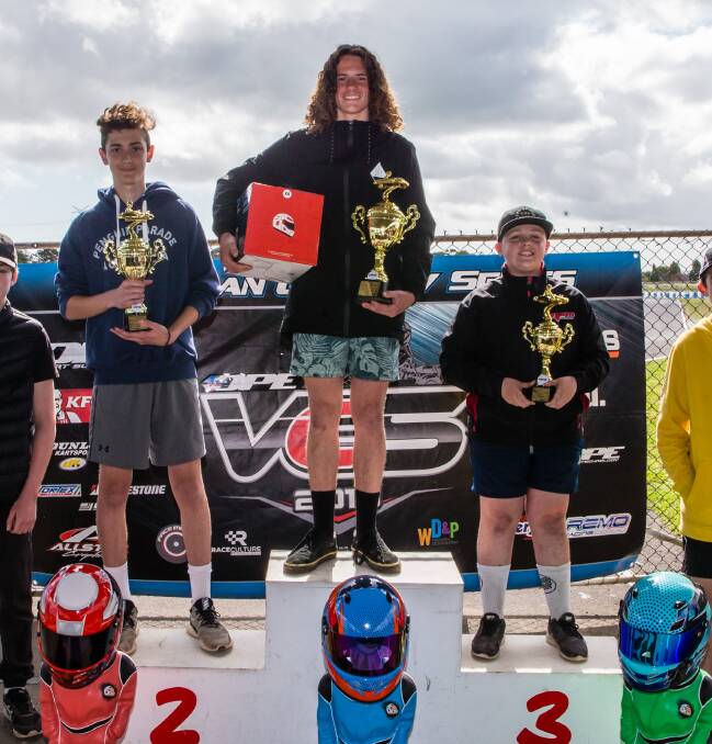 TOP FINISH: Daniel Hookway is all smiles as he tops the poduim for the final time in his go karting career. Picture: Ben Roehlen\Pace Images