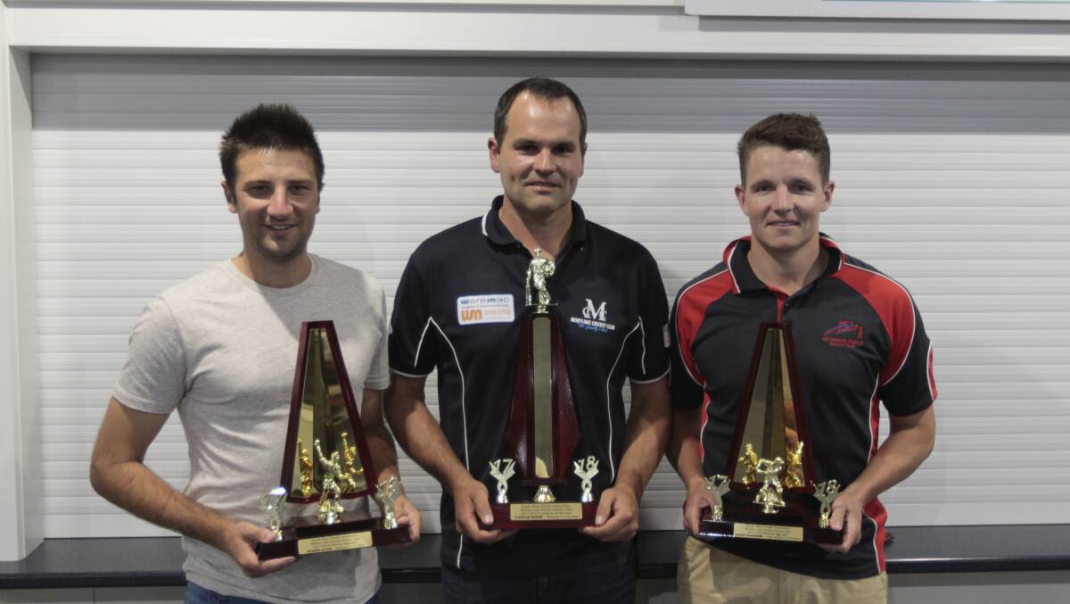 TOP HONOURS: Bookaar's Fraser Lucas (left), Mortlake's Clinton Baker and Heytesbury's Simon Harkness tcollected the top awards at the SWC presentation night. Pictures: Sean Hardeman