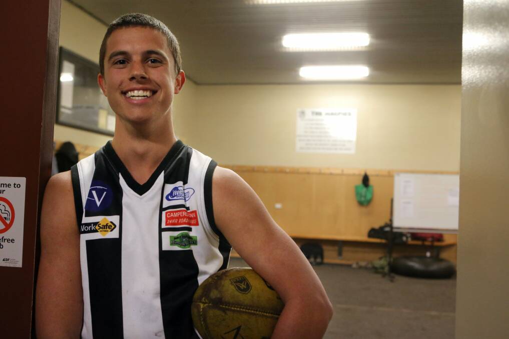 YOUNG PIE: Charlie Bradshaw pictured in Camperdown's changerooms in 2012.