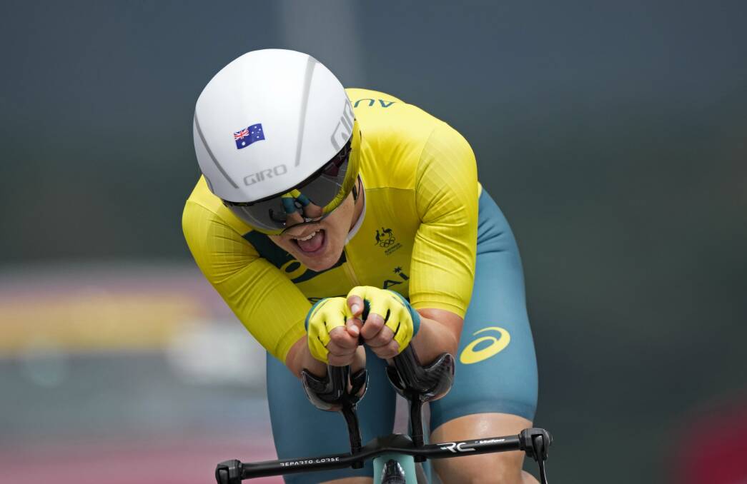 GREEN AND GOLD PRIDE: Grace Brown pushes herself to the limit in the women's time trial at the Tokyo Olympics. Picture: AP