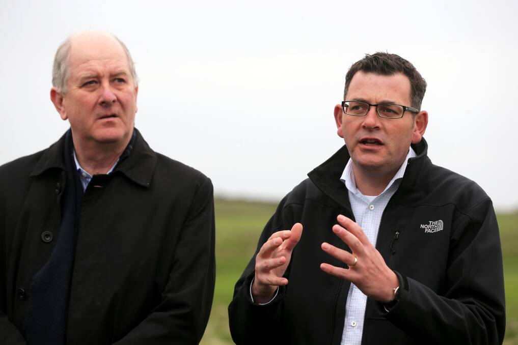 Huge boost: Victorian Minister for Planning Richard Wynne and Premier Daniel Andrews announce a new wind farm development of 96 turbines to be constructed at Dundonnell. Picture: Rob Gunstone