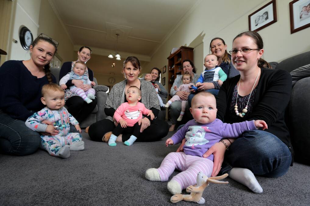 Welcome news: Chelsea Ianna, with baby Zoe hayden, Lisa Barry, with Pippa, Melissa Irving, with Pippa, Jenelle Hajro, with Harry Heffernan, Meagan James, with Bonnie Harris, Liz Coolahan, with Ari, and Gemma Dennis, with Evelyn, are pleased most of Terang Hospital's maternity services will continue on as usual. Picture: Rob Gunstone