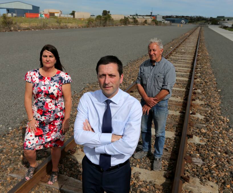 Train pain: MP Roma Britnell, opposition leader Matthew Guy and West Vic Container Export owner Warwick Loft are unhappy about the closure of the Warrnambool to Melbourne railway line after a fault. Picture: Rob Gunstone