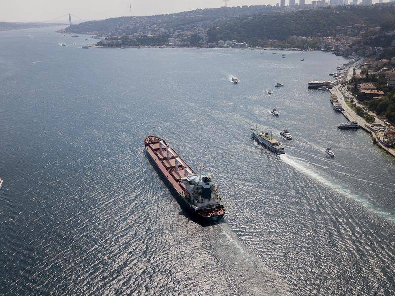 The first grain ship to leave a Ukrainian port in wartime has passed through the Bosphorus Strait. (EPA PHOTO)