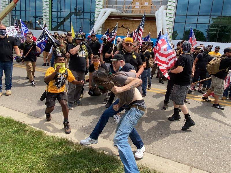 The Proud Boys clashed with counter-protesters in Kalamazoo, Michigan, leading to several arrests.