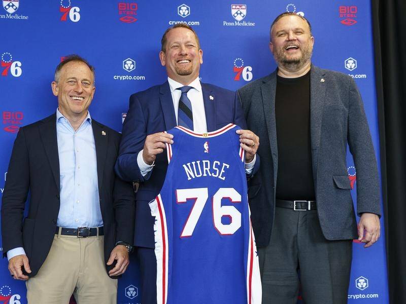 Philadelphia owner Josh Harris (l) and president Daryl Morey (r) have appointed Nick Nurse as coach. (AP PHOTO)