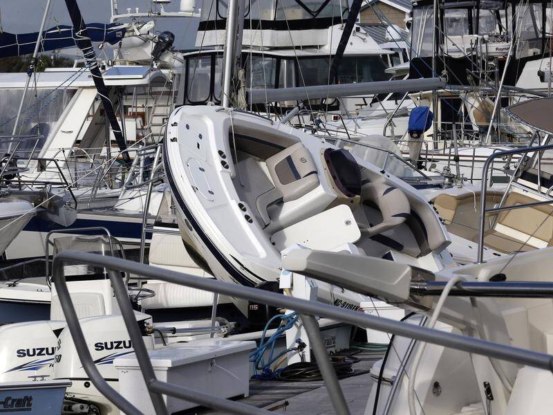 Boats were piled up on top of each other as Hurricane Isaias hit the US state of North Carolina.