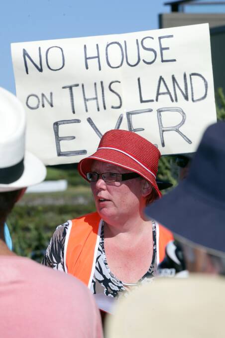 Moyne Shire Council s Michelle Grainger addresses the protest.  

