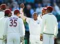 Devon Thomas, here celebrating his first Test wicket, has proved a surprise hit for the West Indies. (Matt Turner/AAP PHOTOS)